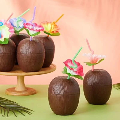 12-Pack Juvale Coconut Cups with Straws & Hawaiian Hibiscus Flower Decorate, 16oz Food Grade PVC Cup, Ideal for Tropical Luau Party Supplies 4 12-Pack Juvale Coconut Cups with Straws & Hawaiian Hibiscus Flower Decorate, 16oz Food Grade PVC Cup, Ideal for Tropical Luau Party Supplies - Image 2
