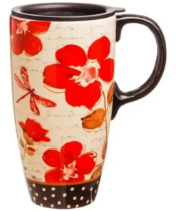 Evergreen Floral Symphony Ceramic Latte Travel Cup w/Gift Box , 17 oz.