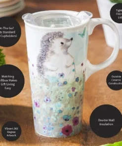 Evergreen Ceramic Travel Cup, 17 OZ. ,w/box and Tritan Lid, Headgehog in the meadow -Water Bottles Sales unnamed file 2317