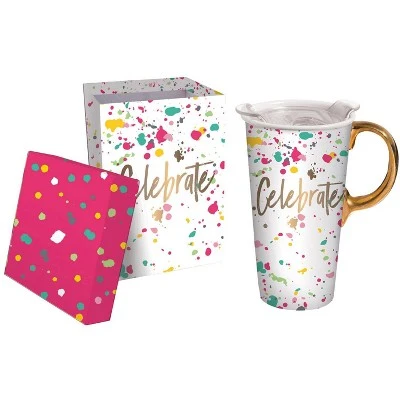 Evergreen Beautiful Celebrate Ceramic Travel Cup with Lid - 5 x 4 x 7 Inches 3 Evergreen Beautiful Celebrate Ceramic Travel Cup with Lid - 5 x 4 x 7 Inches