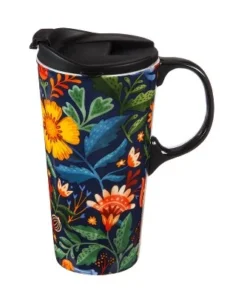 Evergreen Ceramic Travel Cup, 17 OZ. ,w/box, Folky Fun