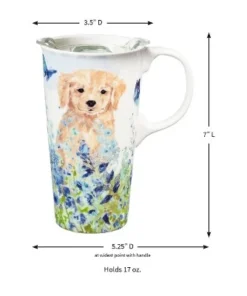 Evergreen Ceramic Travel Cup, 17 OZ. ,w/box and Tritan Lid, Puppies in the meadow