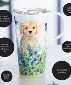 Evergreen Ceramic Travel Cup, 17 OZ. ,w/box and Tritan Lid, Puppies in the meadow -Water Bottles Sales unnamed file 2599