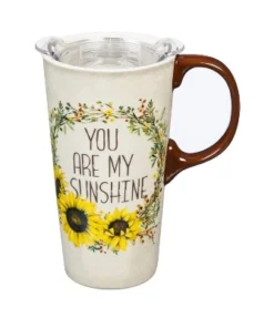 Evergreen Ceramic Travel Cup, 17 OZ.,w/box and Tritan Lid, You are my Sunshine