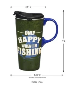 Evergreen Beautiful Only Happy When I'm Fishing Ceramic Travel Cup with Lid - 5 x 4 x 7 Inches