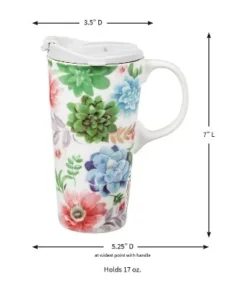 Evergreen Ceramic Travel Cup w/box, 17 OZ., Fresh Succulents