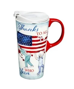 Evergreen Ceramic Travel Cup, 17 Oz., w/ box, Thanks To All Who Serve