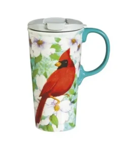 Evergreen Cardinal Trio Ceramic Travel Coffee Mug, 17 ounces