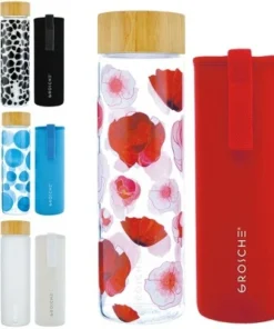 GROSCHE VENICE Eco-Friendly Glass Water Bottle with Bamboo lid and Protective Sleeve, 22.6 fl oz Capacity, Red Poppy -Water Bottles Sales unnamed file 4685