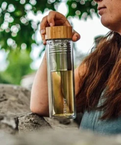 GROSCHE COPENHAGEN Double Walled Glass Tea Infuser Water Bottle, Insulated Bottle with Protective Sleeve, 14.3 fl oz. Capacity