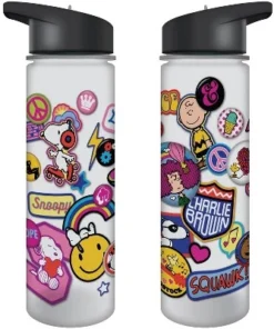 Peanuts Cartoon All Over Print Stickers Design 24 oz. Plastic Water Bottle