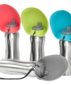 Messy Mutts Stainless Steel 24 Ounce Travel Water Bottle with Grey Silicone Flip Up Bowl