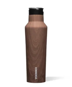 Corkcicle Luxe 20 Ounce Sport Canteen Triple Insulated Stainless Steel Water Bottle with Straw Cap and Folding Metal Handle, Walnut Wood